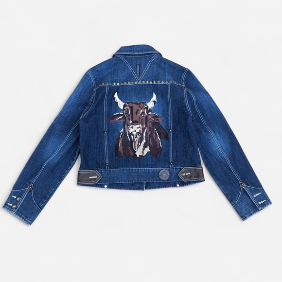 Double D Ranch Jackets & Blazers - RARE Double D Ranch Bull Denim Leather Patchwork Jacket Western Blue Brown Rodeo